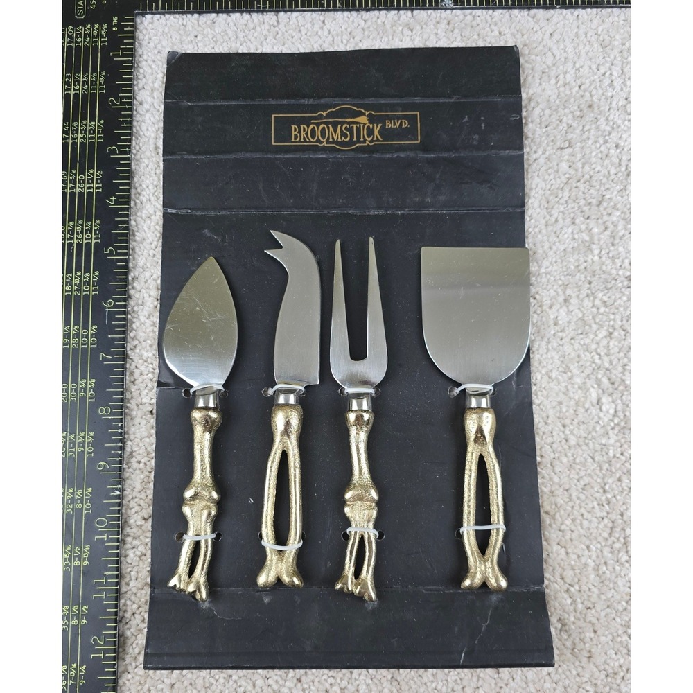 Broomstick Blvd Cheese Knife Set Gold Skeleton Bone Spooky Halloween 4pc